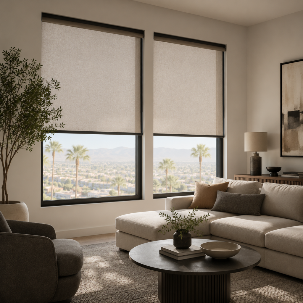 Custom roller shades in a modern interior
