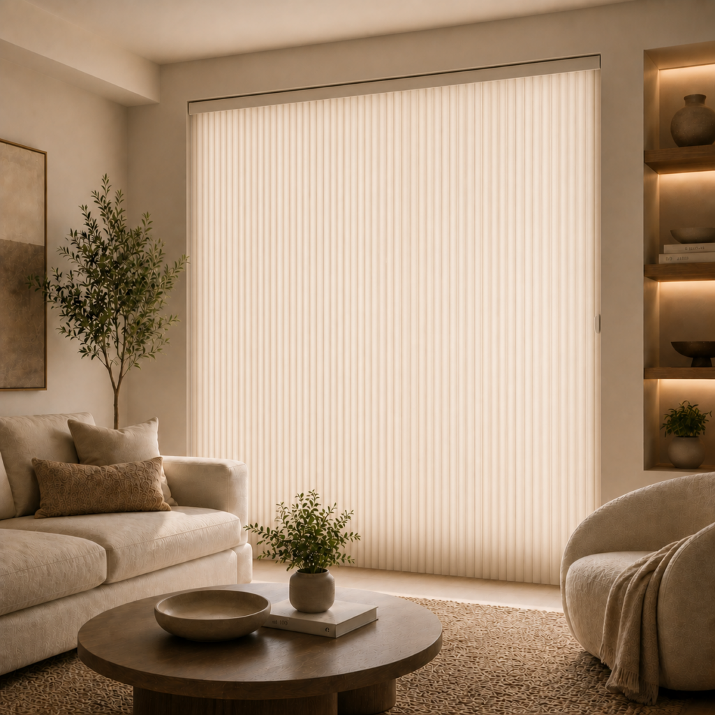 Light-filtering vertical cellular shade fully covering a window