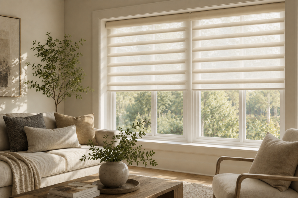 Custom butterfly shades with sculpted fabric vanes in a living room