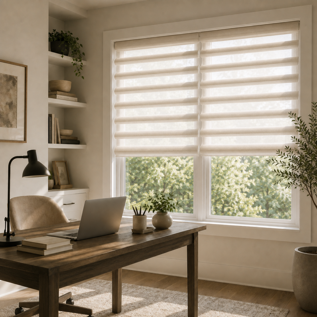 Custom butterfly shades with sculpted fabric vanes in a home office